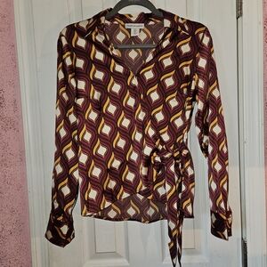 Geometric Patterned Wrap Blouse - Burgundy and Yellow